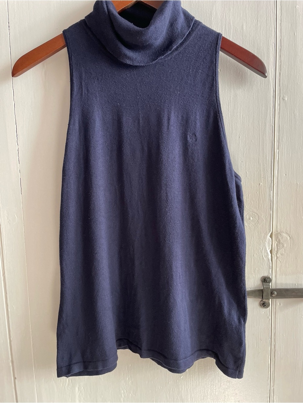 Lauren Ralph Lauren Silk Cotton Knit Turtleneck Sleeveless Tank Top Navy Sz L